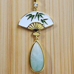 Pillowbook NIB 18k Yellow Gold Naural Jadeite & Zircon Pendant w/ 18" 925 Chain